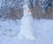 Snowman wearing medical face mask against the snow-covered forest