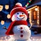 snowman wearing santa hat with christmas lights