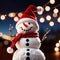 snowman wearing santa hat with christmas lights