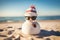 Snowman wearing sunglasses on the beach. Christmas and New Year concept, happy sandy snowman with sunglasses and Santa hat on