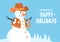 Snowman in western cowboy clothes. Vector Merry Christmas card with text