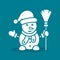 Snowman white icon on blue background with hat, scarf, broom, mittens. Vector simple silhouette snowman llustration