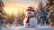 snowman in winter christmas scene with snow pine trees and warm light