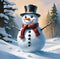 Snowman in the winter forest. Christmas and New Year background.