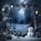 Snowman in winter forest with lanterns and christmas trees. copy space