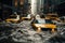 Snowmelt Serenity: Yellow Cabs Navigate NYC Flood.