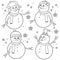 Snowmen cartoon characters with winter hats and scarves. Cute snow winter snowman collection. Vector black and white coloring page