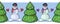 Snowmen in colorful hats walk behind a Christmas tree, seamless border pattern