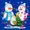 Snowmen family celebrates Christmas and New Year holiday