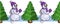 Snowmen in a purple hat walk behind a Christmas tree, seamless border pattern