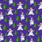 Snowmen in a purple hat walk behind a Christmas tree, seamless pattern on a blue background