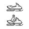Snowmobile with man driving and no man sign. Side view snow mobile line style logo.