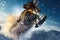 Snowmobile rider in action. Extreme winter sport. 3d rendering, Extreme rider jumping with a snowmobile on the snow, Face covered