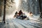 Snowmobilers navigating through a snowy forest, showcasing the excitement of winter sports. Generative Ai