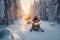 Snowmobilers riding through a winter wonderland, showcasing the adrenaline and adventure of exploring snowy terrain. Generative Ai