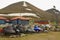 Snowmobiles parked outside for a short arctic summer in Longyearbyen, Norway.