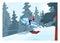 Snowmobiling. Character in outwear and helmet driving snowmobile