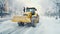 Snowplough cleaning the city street during heavy snowstorm. Yellow tractor removing snow on the urban road. Generative AI