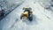 Snowplough cleaning the street during snowstorm in the city. Yellow tractor removing snow in winter. Generative AI