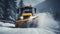 A snowplow clearing a mountain road during a heavy snowstorm, showcasing the power and efficiency of the vehicle against a