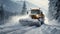 A snowplow clearing a mountain road during a heavy snowstorm, showcasing the power and efficiency of the vehicle against a