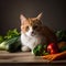 A Snowshoe cat sitting on a pile of vegetables