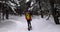 Snowshoe winter activity. Snowshoeing woman in winter forest with snow covered trees. People on hike in snow hiking in