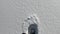 Snowshoeing in the fresh snow. Mountain paths. POV, hiker point of view. Close up to the snowshoes