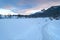 Snowshoeing Hiking Path Snowy Mountain Peaks Crimson Sunset Sky Landscape Cold Winter Banff Canada