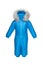 Snowsuit, Children`s winter clothes for walking with fur hood blue electric color, front view