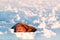 Snowy Arctic landscape with big animal. Walrus, Odobenus rosmarus, stick out from blue water on white ice with snow, Svalbard, Nor