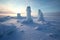 snowy arctic landscape with ice sculptures formed by wind