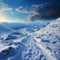 Snowy ascent Human footprints mark hillside climb in tranquil winter landscape