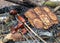 Snowy background and picnic accessories, campfire and iron skewers with sausages and pancakes for baking on the campfire in winter