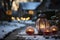 Snowy backyard decorated with luminous garlands, balls and lanterns for christmas, preparations for new year, AI Generated