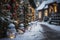 Snowy backyard decorated with luminous garlands, snowmens, balls and lanterns for christmas, preparations for new year, AI