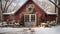 Snowy Barn, House or Shop Decorated for Christmas in a Beautiful Winter Snowy Scene. Generative AI