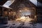 snowy barn with open doors revealing feed area