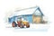 snowy barn, tractor covered in snow beside it