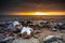 Snowy beach in Gdynia Orlowo at sunrise, Baltic Sea. Poland