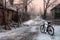 snowy bicycle path with abandoned bike as the focal point