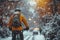 Snowy bike ride Cyclist commuting through a winter wonderland city