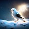 Snowy bird on the background of the starry sky. Christmas card. Generative AI