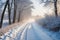 Snowy blizzard on a countrside path in a winter time