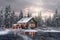 snowy cabin surrounded by frosty pine trees