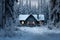 Snowy cabin surrounded by nature serenity, hygge concept, AI Generated