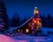 The snowy cabin in the woods with a Christmas decorated tree