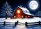 A Snowy Christmas Barn Scene, At Full Moon Night. Generative AI