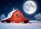 A Snowy Christmas Barn Scene, At Full Moon Night. Generative AI