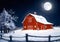 A Snowy Christmas Barn Scene, At Full Moon Night. Generative AI